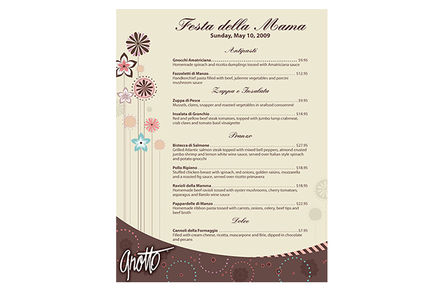 grotto special event menu design